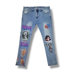SUGERHILL‎ 7 Deadly Sins Anima Style Art Blue Stretch Denim Jeans Men's 42x34